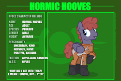 Size: 6000x4000 | Tagged: safe, artist:estories, oc, oc:hormic hooves, species:pegasus, species:pony, fallout equestria, absurd resolution, applejack rangers, fallout, lip bite, male, reference sheet, revenant — fallout equestria 2, solo, stallion