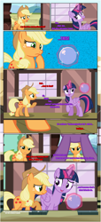 Size: 1919x4225 | Tagged: safe, artist:estories, character:applejack, character:twilight sparkle, character:twilight sparkle (alicorn), species:alicorn, species:earth pony, species:pony, comic:a(pple)ffection, applejack's hat, clothing, comic, communication orb, cowboy hat, floppy ears, framed by legs, hat, magic, show accurate, telekinesis, train station, vector