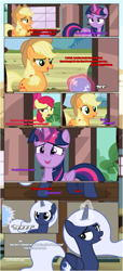 Size: 1919x4225 | Tagged: safe, artist:estories, character:apple bloom, character:applejack, character:twilight sparkle, character:twilight sparkle (alicorn), oc, oc:holly, species:alicorn, species:earth pony, species:pony, comic:a(pple)ffection, alicorn oc, applejack's hat, clothing, comic, communication orb, cowboy hat, female, filly, floppy ears, hat, horn, magic, mare, show accurate, telekinesis, train station, vector, wings