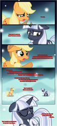 Size: 1919x4225 | Tagged: safe, artist:estories, character:applejack, oc, oc:silverlay, species:earth pony, species:pony, species:unicorn, comic:a(pple)ffection, g4, comic, crying, dialogue, duo, eyes closed, female, floppy ears, horn, looking at each other, mare, raised hoof, show accurate, teary eyes, unamused, unicorn oc, vector, worried