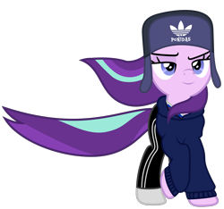 Size: 7122x6665 | Tagged: safe, artist:bastbrushie, artist:estories, character:starlight glimmer, g4, adidas, chapka, clothing, cyrillic, female, flag, gopnik, pants, russian, shoes, simple background, slav, smiling, solo, sweat, tail, transparent background, vector