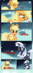 Size: 1919x4225 | Tagged: safe, artist:estories, character:applejack, oc, oc:silverlay, species:earth pony, species:pony, species:unicorn, comic:a(pple)ffection, g4, blushing, comic, dialogue, duo, eyes closed, female, hoof on chest, horn, looking at each other, mare, raised hoof, show accurate, unamused, unicorn oc, upset, vector