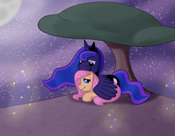 Size: 1080x840 | Tagged: safe, artist:hoofclid, character:fluttershy, character:princess luna, fanfic:inner strength, series:who we become, g4, fanfic, fanfic art, female, females only, firefly, hill, moon, not shipping, stars, tree, winghug