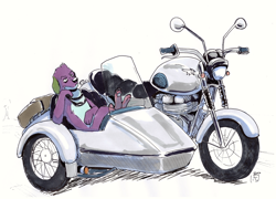 Size: 1280x921 | Tagged: safe, artist:pasu-chan, character:spike, species:dog, fanfic:the open road, inktober, series:who we become, g4, male, males only, motorcycle, older, older spike, sidecar, solo male