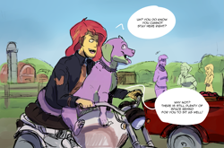 Size: 3307x2178 | Tagged: safe, artist:pasu-chan, manebooru original, character:fluttershy, character:granny smith, character:spike, character:sunset shimmer, character:twilight sparkle, fanfic:the open road, series:who we become, g4, car, dialogue, female, male, motorcycle, older, older spike