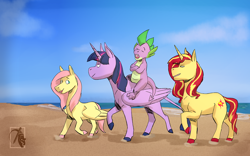 Size: 1280x800 | Tagged: safe, artist:pasu-chan, character:fluttershy, character:spike, character:sunset shimmer, character:twilight sparkle, character:twilight sparkle (alicorn), species:alicorn, species:dragon, species:pegasus, species:pony, species:unicorn, series:who we become, ship:sunsetsparkle, ship:sunshyne, ship:twishy, ship:twishyset, g4, beach, colored hooves, female, leonine tail, male, shipping
