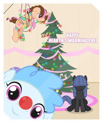 Size: 7209x8642 | Tagged: safe, artist:estories, character:trixie, oc, oc:curly mane, oc:neigh sayer, oc:think pink, species:pony, species:unicorn, episode:hearth's warming eve, g4, my little pony: friendship is magic, absurd resolution, christmas, christmas tree, female, mare, neink, tied up, tree