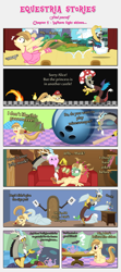 Size: 2429x5467 | Tagged: safe, artist:estories, character:discord, oc, oc:alice goldenfeather, comic:find yourself, ballet, baseball bat, bowling ball, bucking, cap, clothing, comic, cosplay, costume, discord lamp, hat, in another castle, mario's hat, pillow, semi-grimdark series, super mario bros., tea party