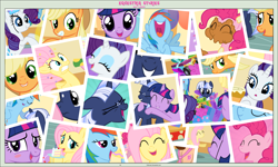 Size: 6250x3753 | Tagged: safe, artist:estories, character:applejack, character:fluttershy, character:pinkie pie, character:rainbow dash, character:rarity, character:twilight sparkle, oc, oc:silverlay, oc:think pink, comic:seeds of darkness, blushing, boop, cake, clothing, comic, hat, hug, lip bite, mane six, open mouth, party, party hat, photo, plot, present, questionable series, semi-grimdark series, startled