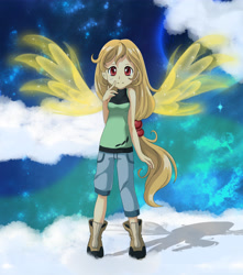 Size: 4409x4988 | Tagged: safe, artist:estories, oc, oc only, oc:alice goldenfeather, species:human, absurd resolution, anime style, artificial wings, augmented, cloud, cloudy, humanized, humanized oc, magic, magic wings, solo, wings