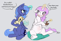 Size: 1280x853 | Tagged: safe, artist:silfoe, character:princess celestia, character:princess luna, parent:princess celestia, parent:unnamed oc, parents:canon x oc, parents:guardlestia, royal sketchbook, :o, annoyed, beets, belly, blushing, bowl, butterfly, cravings, eating, floppy ears, foal, food, frown, glare, hoof hold, magic, offspring, open mouth, pink-mane celestia, preglestia, pregnant, s1 luna, sitting, smiling, telekinesis, underhoof