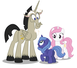 Size: 2813x2481 | Tagged: safe, artist:aleximusprime, character:discord, character:princess celestia, character:princess luna, species:alicorn, species:pony, accord (alicorn), cewestia, filly, pink-mane celestia, ponified, simple background, transparent background, woona, younger