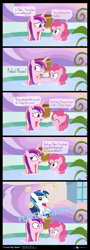 Size: 1000x2780 | Tagged: safe, artist:dm29, character:pinkie pie, character:princess cadance, character:shining armor, episode:green isn't your color, episode:the one where pinkie pie knows, g4, my little pony: friendship is magic, comic, faec, forever, frown, glare, nervous, open mouth, pinkie promise, puffy cheeks, role reversal, smiling, the tables have turned, wide eyes