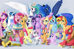 Size: 9000x6000 | Tagged: safe, artist:silfoe, character:apple bloom, character:applejack, character:big mcintosh, character:diamond tiara, character:discord, character:fluttershy, character:pinkie pie, character:princess cadance, character:princess celestia, character:princess luna, character:rainbow dash, character:rarity, character:scootaloo, character:shining armor, character:spike, character:sunset shimmer, character:sweetie belle, character:twilight sparkle, character:twilight sparkle (alicorn), species:alicorn, species:draconequus, species:dragon, species:earth pony, species:pegasus, species:pony, species:unicorn, episode:crusaders of the lost mark, g4, my little pony: friendship is magic, absurd resolution, alicorn tetrarchy, anniversary, backwards cutie mark, blushing, cake, cutie mark, cutie mark crusaders, eyes closed, female, filly, grin, group photo, happy birthday mlp:fim, looking at you, mane seven, mane six, mare, mlp fim's fifth anniversary, prone, raised hoof, smiling, spread wings, the cmc's cutie marks, underhoof, wings