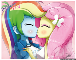 Size: 1121x880 | Tagged: safe, artist:the-butch-x, character:fluttershy, character:rainbow dash, ship:flutterdash, my little pony:equestria girls, blushing, clothing, eyes closed, female, kissing, lesbian, shipping, signature