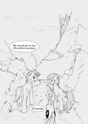 Size: 3569x5028 | Tagged: safe, artist:silfoe, character:princess celestia, character:princess luna, oc, oc:golden vellum, species:earth pony, species:pony, species:unicorn, comic:ascension, canterlot, comic, earth pony celestia, earth pony luna, female, grayscale, grimdark series, grotesque series, male, mare, monochrome, origin story, race swap, stallion, younger