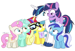 Size: 1000x675 | Tagged: safe, artist:dm29, character:lemon hearts, character:lyra heartstrings, character:minuette, character:moondancer, character:shining armor, character:twilight sparkle, character:twinkleshine, species:pony, species:unicorn, bbbff, canterlot six, cute, dancerbetes, female, filly, filly lemon hearts, filly lyra, filly minuette, filly moondancer, filly twilight sparkle, filly twinkleshine, glasses, julian yeo is trying to murder us, lemonbetes, looking at each other, lyrabetes, male, minubetes, open mouth, saddle bag, shining adorable, simple background, smiling, transparent background, twiabetes, twily, younger