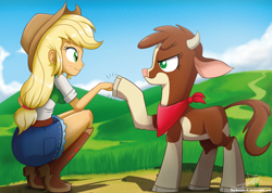Size: 1370x976 | Tagged: safe, artist:the-butch-x, community related, character:applejack, character:arizona cow, species:cow, them's fightin' herds, my little pony:equestria girls, bandana, clothing, cloven hooves, crossover, crouching, denim skirt, female, fist bump, hoofbump, signature, skirt