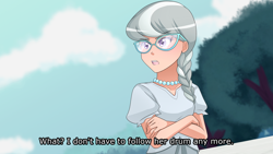 Size: 1280x720 | Tagged: safe, artist:jonfawkes, character:silver spoon, species:human, episode:crusaders of the lost mark, g4, my little pony: friendship is magic, braid, clothing, crossed arms, female, glasses, humanized, implied diamond tiara, necklace, offscreen character, open mouth, scene interpretation, solo, talking