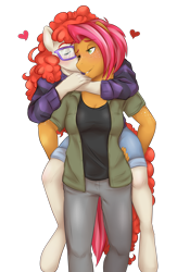 Size: 2287x3504 | Tagged: safe, artist:askbubblelee, character:babs seed, character:twist, species:anthro, species:unguligrade anthro, ship:babstwist, female, heart, kissing, lesbian, older, piggyback ride, shipping, simple background, transparent background