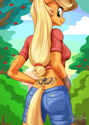 Size: 955x1351 | Tagged: safe, artist:mysticalpha, character:applejack, species:anthro, species:earth pony, species:pony, ass, clothing, cowboy hat, female, fingerless gloves, freckles, gloves, hat, looking at you, looking back, looking down, patreon, rear view, shorts, solo, stetson, tattoo, tramp stamp