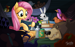 Size: 2560x1600 | Tagged: safe, artist:mysticalpha, character:angel bunny, character:constance, character:fluttershy, character:harry, species:bird, species:pegasus, species:pony, species:rabbit, episode:scare master, g4, my little pony: friendship is magic, animal, bear, book, brown bear, carrot, cute, female, hammock, mare, nature lover, peanut butter, pillow, reading, scene interpretation, sitting, teddy bear