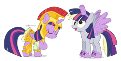 Size: 1060x540 | Tagged: safe, artist:dm29, character:derpy hooves, character:twilight sparkle, character:twilight sparkle (alicorn), species:alicorn, species:pegasus, species:pony, episode:scare master, g4, my little pony: friendship is magic, alicorn costume, athena sparkle, clothing, costume, cute, duo, fake horn, fake wings, female, mare, nightmare night, nightmare night costume, simple background, skirt, succession, successor, toilet paper roll, toilet paper roll horn, transparent background, twilight muffins, twilight sparkle costume, wig