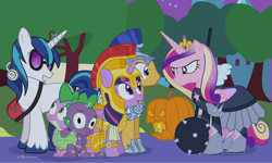 Size: 1200x720 | Tagged: safe, artist:dm29, character:flash sentry, character:princess cadance, character:shining armor, character:spike, character:twilight sparkle, character:twilight sparkle (alicorn), species:alicorn, species:dragon, species:pony, species:unicorn, episode:scare master, g4, my little pony: friendship is magic, athena sparkle, clothing, costume, episodes from the crystal empire, female, glasses, guitar, headphones, mace, male, mare, morning star, multiple heads, nightmare night, stallion, star vs the forces of evil, two heads, two-headed dragon, unamused, vinyl's glasses, warrior cadance, weapon