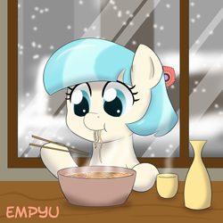 Size: 1000x1000 | Tagged: safe, artist:empyu, character:coco pommel, species:earth pony, species:pony, 30 minute art challenge, beverage, bowl, chopsticks, cocobetes, cup, cute, dexterous hooves, eating, female, how, lunch, ramen, signature, snow, snowfall, solo, steam, table, vase, window
