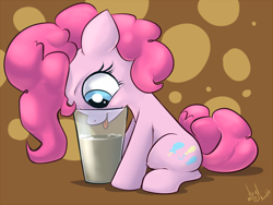 Size: 1332x1000 | Tagged: safe, artist:atryl, character:pinkie pie, blep, chocolate milk, cute, diapinkes, drink, eyes on the prize, female, filly, filly pinkie pie, glass, horse problems, sitting, smiling, solo, tongue out, younger