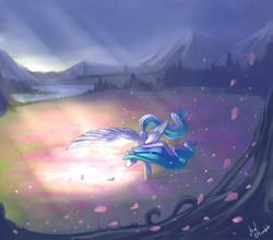 Size: 1362x1200 | Tagged: safe, artist:atryl, character:princess celestia, crepuscular rays, female, flower, meadow, solo
