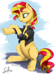 Size: 1500x2000 | Tagged: safe, artist:silfoe, character:sunset shimmer, species:pony, species:unicorn, my little pony:equestria girls, clothing, female, jacket, solo