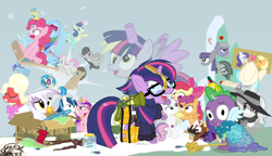 Size: 1200x692 | Tagged: safe, artist:dm29, character:apple bloom, character:applejack, character:big mcintosh, character:bon bon, character:coco pommel, character:derpy hooves, character:dj pon-3, character:doctor whooves, character:gilda, character:lemon hearts, character:limestone pie, character:lyra heartstrings, character:marble pie, character:maud pie, character:minuette, character:moondancer, character:octavia melody, character:pinkie pie, character:princess cadance, character:rainbow dash, character:rarity, character:scootaloo, character:shining armor, character:smooze, character:spike, character:sweetie belle, character:sweetie drops, character:time turner, character:trouble shoes, character:twilight sparkle, character:twilight sparkle (alicorn), character:twinkleshine, character:vinyl scratch, species:alicorn, species:griffon, species:pegasus, species:pony, episode:amending fences, episode:appleoosa's most wanted, episode:bloom and gloom, episode:brotherhooves social, episode:canterlot boutique, episode:castle sweet castle, episode:crusaders of the lost mark, episode:do princesses dream of magic sheep?, episode:hearthbreakers, episode:made in manehattan, episode:make new friends but keep discord, episode:party pooped, episode:princess spike, episode:rarity investigates, episode:scare master, episode:slice of life, episode:tanks for the memories, episode:the cutie map, episode:the lost treasure of griffonstone, episode:the one where pinkie pie knows, g4, my little pony: friendship is magic, alicorn costume, alternate hairstyle, athena sparkle, background six, bedroom eyes, bow tie, box, cardboard box, charlie brown, clothing, costume, crossdressing, crossing the memes, crying, cutie mark, cutie mark crusaders, derpysaur, detective rarity, dress, fake horn, fake wings, female, filly, fusion, glasses, hat, i didn't listen, i'm pancake, implied rarijack, it happened, lyrabon (fusion), mare, meme, new crown, nightmare night costume, ocular gushers, orchard blossom, peanuts, pest control gear, princess dress, punklight sparkle, revolutionary girl utena, sled, snow, staff, staff of sameness, sweater, the cmc's cutie marks, the meme continues, the ride never ends, the story so far of season 5, this isn't even my final form, toilet paper roll, toilet paper roll horn, top hat, twilight muffins, twilight scepter, twittermite, unamused, volumetric mouth, wig