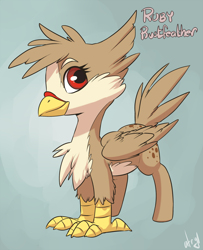 Size: 1200x1477 | Tagged: safe, artist:atryl, oc, oc only, oc:ruby rustfeather, species:classical hippogriff, species:hippogriff, chest fluff, female, smiling, solo, standing