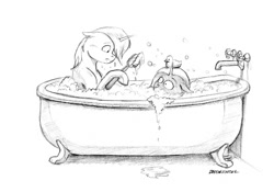 Size: 1000x701 | Tagged: safe, artist:baron engel, character:trixie, oc, oc:petina, species:duck, species:pony, species:unicorn, bath, bathtub, brush, bubble, bubble bath, claw foot bathtub, female, inconvenient trixie, mare, monochrome, parody, pencil drawing, rubber duck, sketch, traditional art, wet, wet mane
