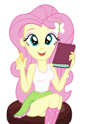 Size: 1929x2739 | Tagged: safe, artist:sumin6301, character:fluttershy, my little pony:equestria girls, book, bottomless, clothing, commando, female, looking at you, open mouth, partial nudity, pencil, sideass, simple background, sitting, skirt, smiling, socks, solo, stool, tank top, transparent background