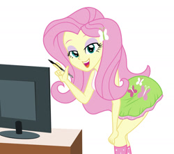Size: 2000x1778 | Tagged: safe, artist:sumin6301, character:fluttershy, my little pony:equestria girls, bedroom eyes, clothing, counter, female, open mouth, pen, simple background, skirt, socks, solo, stupid sexy fluttershy, tank top, television, white background