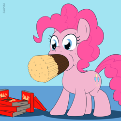 Size: 1000x1000 | Tagged: safe, artist:empyu, character:pinkie pie, 30 minute art challenge, female, food, gentlemen, mouthful, pocky, snack, snacks, solo