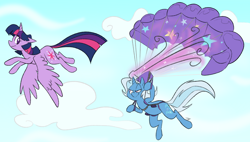 Size: 1200x683 | Tagged: safe, artist:egophiliac, artist:phallen1, character:trixie, character:twilight sparkle, character:twilight sparkle (alicorn), species:alicorn, species:pony, chase, colored, female, flying, magic, mare, parachute, sketch