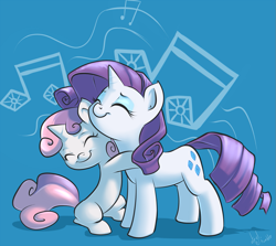 Size: 1121x1000 | Tagged: safe, artist:atryl, character:rarity, character:sweetie belle, species:pony, species:unicorn, cute, diasweetes, eyes closed, female, filly, happy, heartwarming, hug, mare, music notes, raribetes, sisters, sweet dreams fuel
