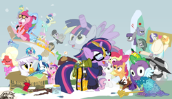 Size: 1200x692 | Tagged: safe, artist:dm29, character:apple bloom, character:applejack, character:big mcintosh, character:bon bon, character:coco pommel, character:derpy hooves, character:discord, character:dj pon-3, character:doctor whooves, character:gilda, character:lemon hearts, character:limestone pie, character:lyra heartstrings, character:marble pie, character:maud pie, character:minuette, character:moondancer, character:octavia melody, character:pinkie pie, character:princess cadance, character:rainbow dash, character:rarity, character:scootaloo, character:shining armor, character:smooze, character:spike, character:sweetie belle, character:sweetie drops, character:time turner, character:trouble shoes, character:twilight sparkle, character:twilight sparkle (alicorn), character:twinkleshine, character:vinyl scratch, species:alicorn, species:griffon, species:pegasus, species:pony, episode:amending fences, episode:appleoosa's most wanted, episode:bloom and gloom, episode:brotherhooves social, episode:canterlot boutique, episode:castle sweet castle, episode:crusaders of the lost mark, episode:do princesses dream of magic sheep?, episode:hearthbreakers, episode:made in manehattan, episode:make new friends but keep discord, episode:party pooped, episode:princess spike, episode:rarity investigates, episode:scare master, episode:slice of life, episode:tanks for the memories, episode:the cutie map, episode:the lost treasure of griffonstone, episode:the one where pinkie pie knows, episode:what about discord?, g4, my little pony: friendship is magic, alicorn costume, alternate hairstyle, athena sparkle, back to the future, background six, bedroom eyes, bow tie, box, cardboard box, charlie brown, clothing, costume, crossdressing, crossing the memes, crying, cutie mark, cutie mark crusaders, derpysaur, detective rarity, dress, fake horn, fake wings, female, filly, fusion, glasses, hat, i didn't listen, i'm pancake, implied rarijack, it happened, lyrabon (fusion), mare, meme, new crown, nightmare night costume, ocular gushers, orchard blossom, peanuts, pest control gear, pinkie mcpie, princess dress, punklight sparkle, revolutionary girl utena, sled, snow, staff, staff of sameness, sunglasses, sweater, the cmc's cutie marks, the meme continues, the ride never ends, the story so far of season 5, this isn't even my final form, toilet paper roll, toilet paper roll horn, top hat, twilight muffins, twilight scepter, twittermite, unamused, volumetric mouth, wig