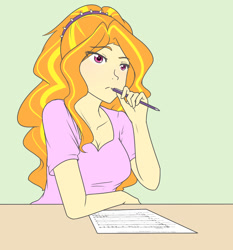 Size: 1280x1374 | Tagged: safe, artist:jonfawkes, character:adagio dazzle, species:human, my little pony:equestria girls, adoragio, alternate hairstyle, cleavage, commission, cute, eye clipping through hair, eyebrows, eyebrows visible through hair, female, humanized, music, paper, pen, solo, straight hair, thinking, writing