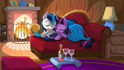 Size: 2560x1440 | Tagged: safe, artist:mysticalpha, character:shining armor, character:twilight sparkle, ship:shiningsparkle, blanket, explicit source, fanfic art, female, fireplace, incest, male, shipping, sleeping, straight, unshorn fetlocks
