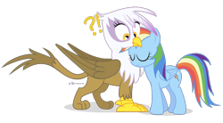 Size: 1000x550 | Tagged: safe, artist:dm29, character:gilda, character:rainbow dash, species:griffon, ship:gildash, confusion, cute, female, interspecies, lesbian, nuzzling, shipping, simple background, transparent background