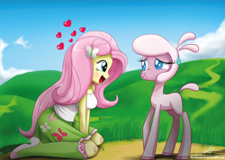 Size: 1370x976 | Tagged: safe, artist:the-butch-x, community related, character:fluttershy, character:pom lamb, species:sheep, them's fightin' herds, my little pony:equestria girls, boots, clothing, crossover, duo, female, heart, kneeling, lamb, looking at each other, open mouth, scared, signature, skirt, socks, tank top