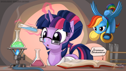 Size: 2560x1440 | Tagged: safe, artist:mysticalpha, character:rainbow dash, character:twilight sparkle, alternate hairstyle, clothing, cymbals, female, incoming prank, lab coat, prank, russian, this will end in explosions, this will end in fire, this will end in tears, this will end in tears and/or death, translation, translator:enotik, wallpaper