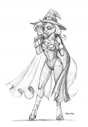 Size: 1000x1435 | Tagged: safe, artist:baron engel, character:trixie, species:anthro, species:unguligrade anthro, bedroom eyes, cape, cleavage, clothing, female, grayscale, grin, leotard, looking at you, magician outfit, monochrome, pencil drawing, smiling, solo, spats, traditional art, undressing