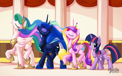 Size: 2560x1600 | Tagged: safe, artist:mysticalpha, character:princess cadance, character:princess celestia, character:princess luna, character:twilight sparkle, character:twilight sparkle (alicorn), species:alicorn, species:pony, alicorn tetrarchy, eyes closed, female, majestic, majestic as fuck, mare, nose in the air, one of these things is not like the others, raised hoof, smiling, strutting