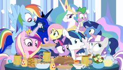 Size: 1360x780 | Tagged: safe, artist:dm29, character:fluttershy, character:night light, character:princess cadance, character:princess celestia, character:princess luna, character:rainbow dash, character:shining armor, character:spike, character:twilight sparkle, character:twilight velvet, species:alicorn, species:dragon, species:pegasus, species:pony, species:unicorn, cider, eating, family, food, gravy boat, mashed potatoes, mug, pie, potato, sitting, sparkle family, spike's family, stuffing, table, talking, thanksgiving, tiara, wine glass