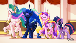 Size: 2560x1440 | Tagged: safe, alternate version, artist:mysticalpha, character:princess cadance, character:princess celestia, character:princess luna, character:twilight sparkle, character:twilight sparkle (alicorn), species:alicorn, species:pony, g4, 16:9, :o, alicorn tetrarchy, eyes closed, female, looking at you, majestic, majestic as fuck, mare, one of these things is not like the others, profile, raised hoof, raised leg, smiling, strutting, three quarter view, walking